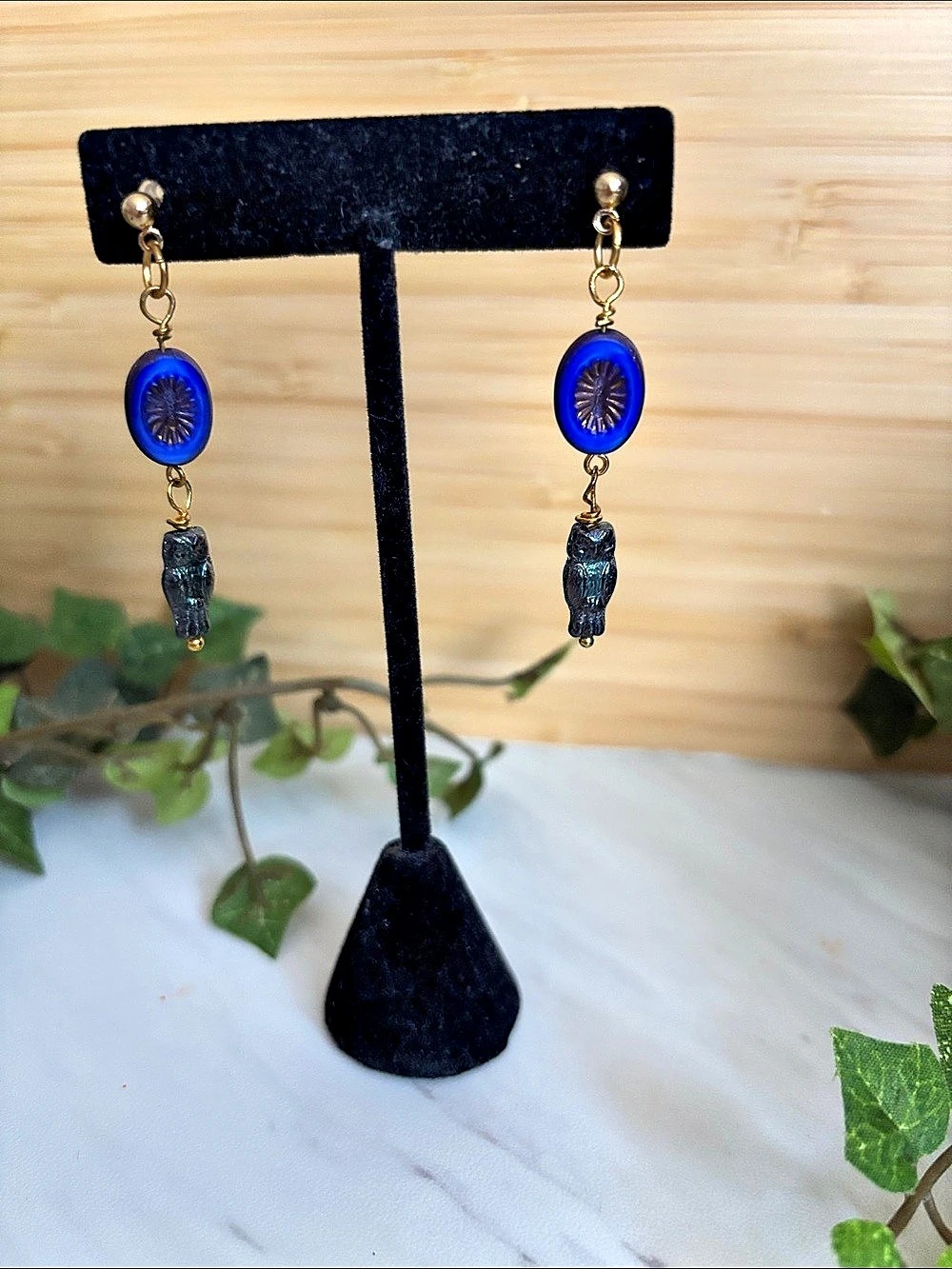 Blue & Gold Czech glass bead and Owl Dangle Earrings handmade